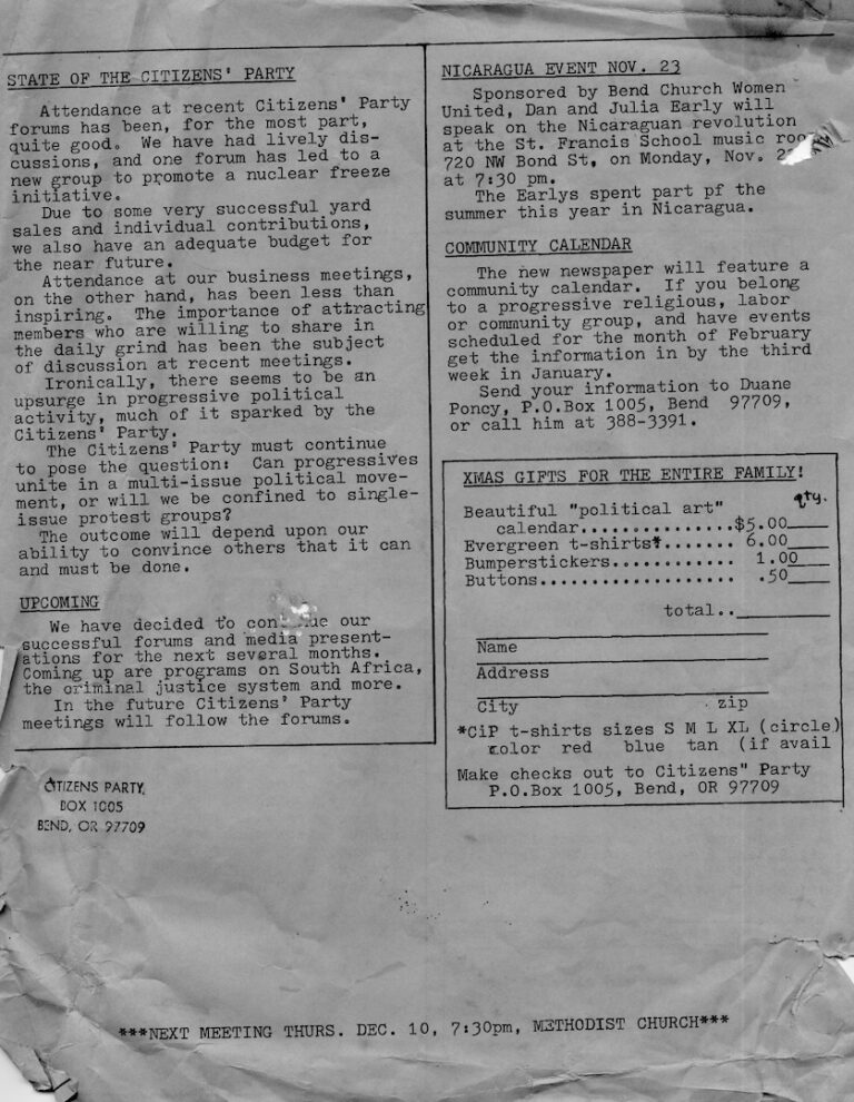 Page 2 of a Citizens Party newsletter, 1981.