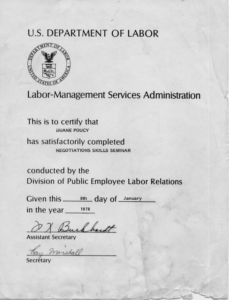 A certificate for attending a US Deptment of Labor training in Salem in the winter of 1978.