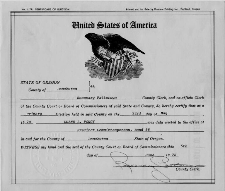 Deschutes County Central Committee Election Certificate