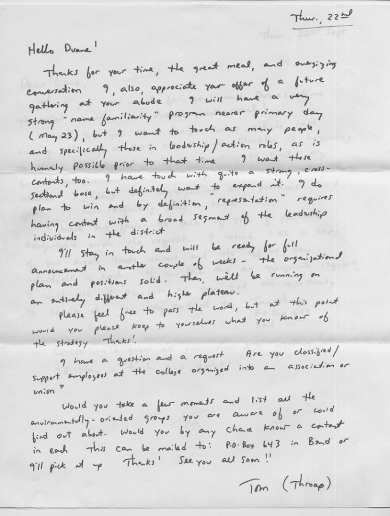 A letter from Tom Throop, successful candidate for Oregon State Rep, thanking me for meeting and advising him about local activist groups in Deschutes County.