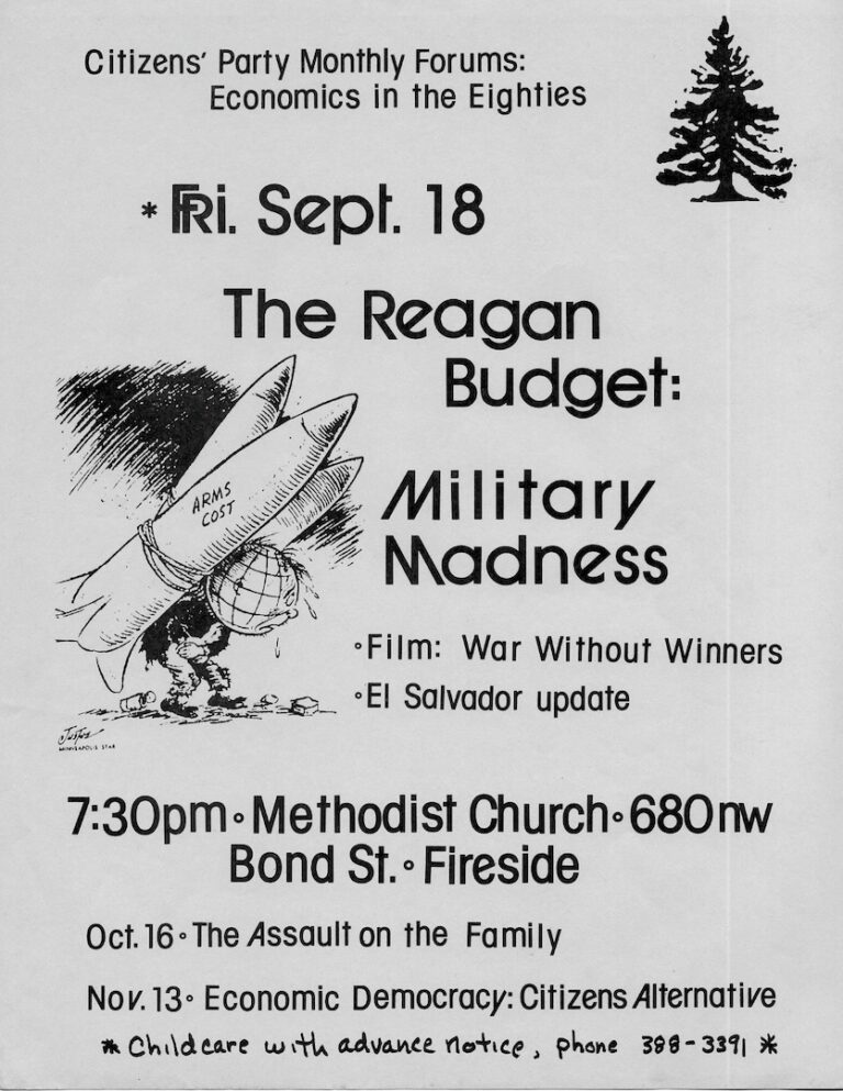 A flyer for a Citizens Party forum discussing Reaganomics.