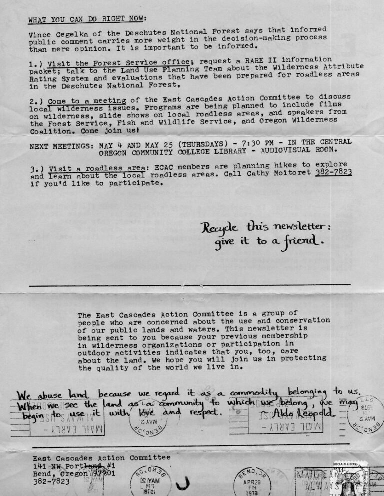 Page 2 of the East Cascades Action Committee newsletter of April, 1978.