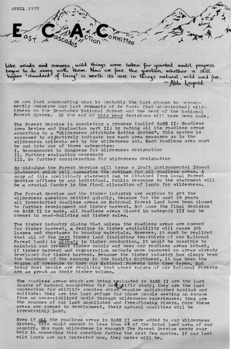 Page 1 of East Cascade Action Committee newletter, April 1978.